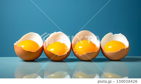 chicken eggs on a blue background. breakfast food chicken eggs on a blue background. breakfast food 130038426