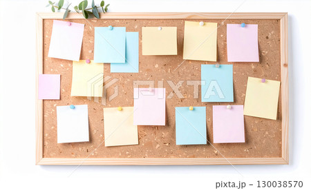 ポストイットが並んだコルクボード ポストイットが並んだコルクボード 130038570