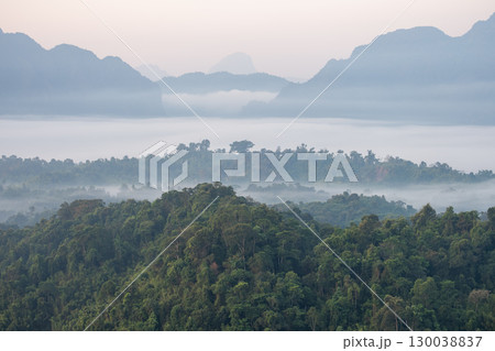 Foggy morning over tropical forest with mountain landscape in the background   at  Phadeng Peak, Luang Prabang, Laos 130038837
