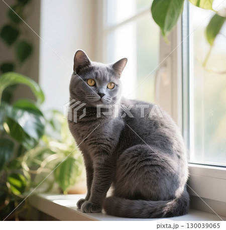 窓辺でくつろぐ猫 130039065