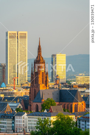 Frankfurt Cathedral and City at Sunrise. Aerial View. Hesse, Germany 130039471
