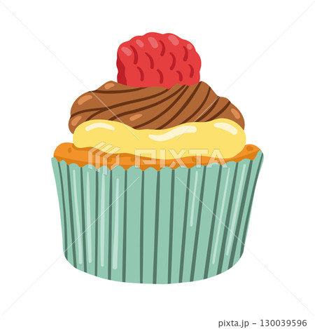 Delicious cupcake icon. Raspberry, chocolate, vanilla cream. Dessert vector illustration design isolated on white background Delicious cupcake icon. Raspberry, chocolate, vanilla cream. Dessert vector illustration design isolated on white background 130039596