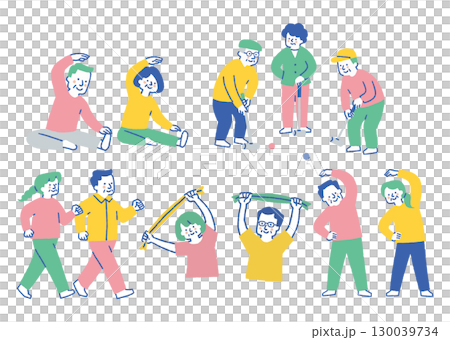 健康習慣を楽しむ高齢者セット_色 130039734