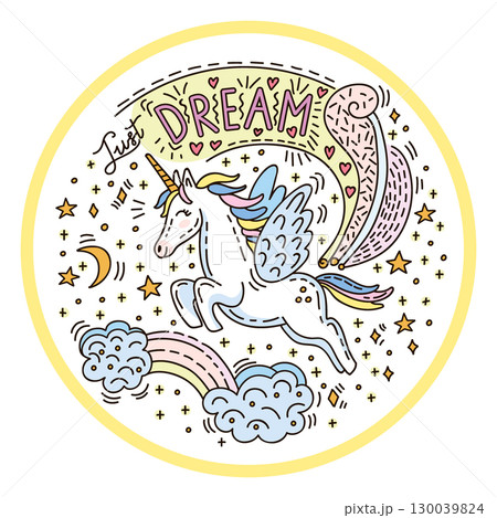 Funny dreaming unicorn in circle vector doodle illustration Funny dreaming unicorn in circle vector doodle illustration 130039824