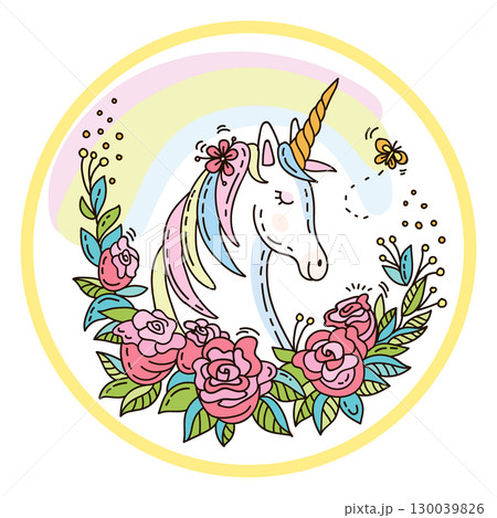 Funny unicorn in a wreath of roses vector doodle illustration 130039826