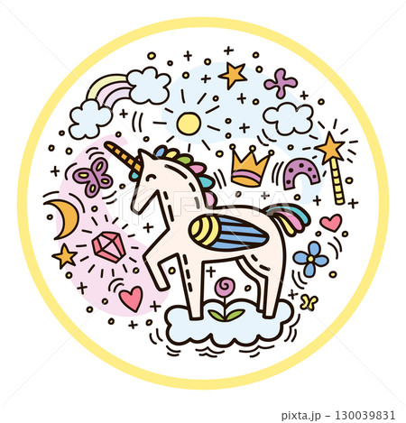Funny doodle style unicorn in a circle vector illustration Funny doodle style unicorn in a circle vector illustration 130039831
