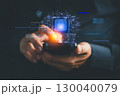 Person holding a smartphone with a glowing digital padlock icon, Technology concept of mobile phone cybersecurity, data protection, encryption, and secure digital communication in modern technology. 130040079