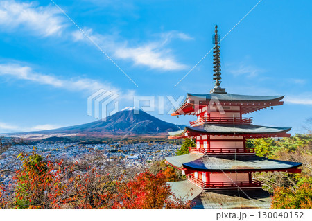 山梨 紅葉の新倉山浅間神社 五重塔と富士山 山梨 紅葉の新倉山浅間神社 五重塔と富士山 130040152