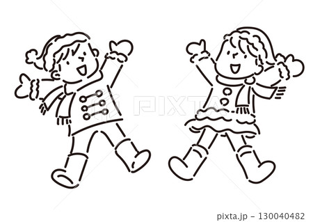 冬に飛び跳ねる元気な子どもたちの白黒イラスト 130040482