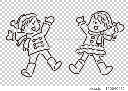 黑白插畫：歡快的孩子們在冬天跳躍 130040482