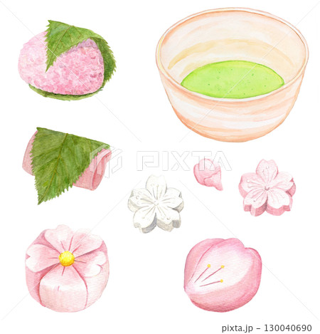 手描き水彩の桜の和菓子と薄茶のセットイラスト 130040690