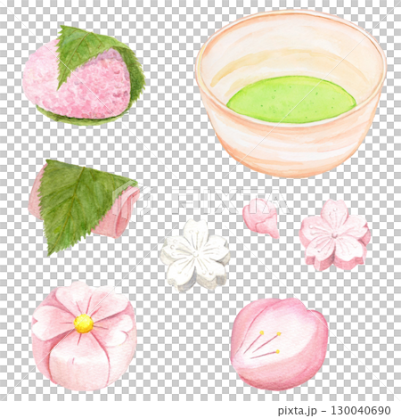 手繪水彩插圖的一套櫻花日式糖果和薄茶 130040690