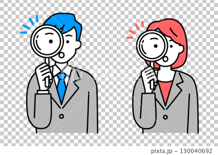 一群穿著西裝的男人和女人透過放大鏡觀察 一群穿著西裝的男人和女人透過放大鏡觀察 130040692