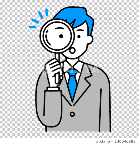 A man in a suit looking through a magnifying glass 130040693