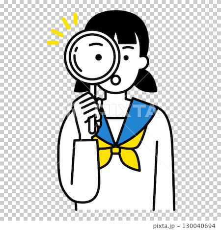 Female student looking through a magnifying glass 130040694