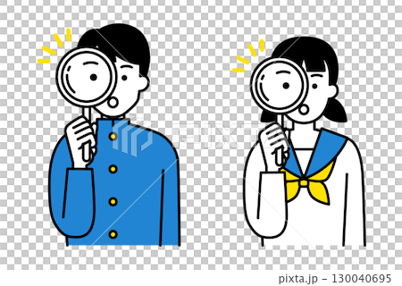 Set of male and female students looking through a magnifying glass 130040695