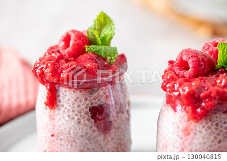 Eye-level close-up of raspberry chia pudding 130040815