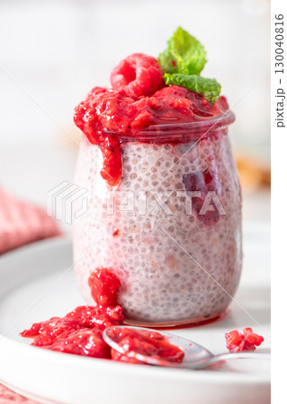 Delicious raspberry chia pudding close-up Delicious raspberry chia pudding close-up 130040816
