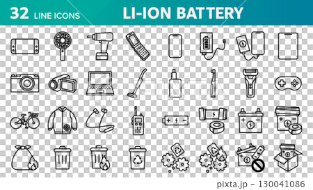 リチウムイオン電池に関する32個のアイコンセット。 130041086