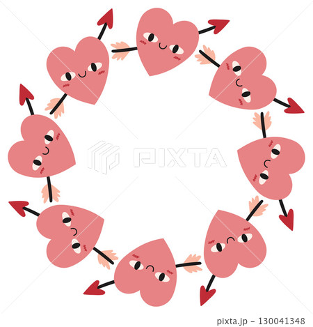 Valentines day heart circle frame. Round love themed border made of hearts. Pink and red colors happy valentine day hand drawn banner vector isolated on white background. Valentines day heart circle frame. Round love themed border made of hearts. Pink and red colors happy valentine day hand drawn banner vector isolated on white background. 130041348