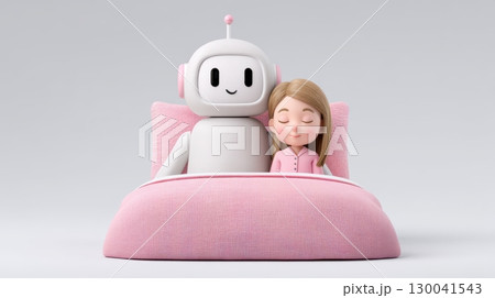 Living together in AI digital world, Cute robot and girl sleeping together in pink bed 130041543
