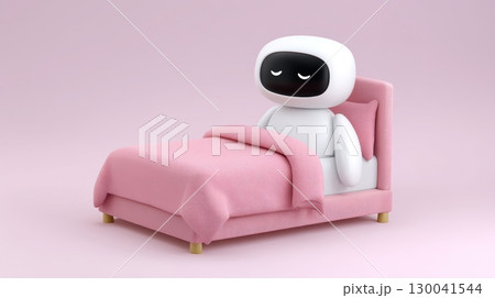 Living together in AI digital world, Cute robot resting in pink bed with closed eyes on pastel background 130041544