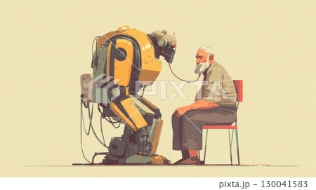 Living together in AI digital world, Elderly man and robot sitting face to face in thoughtful interaction 130041583