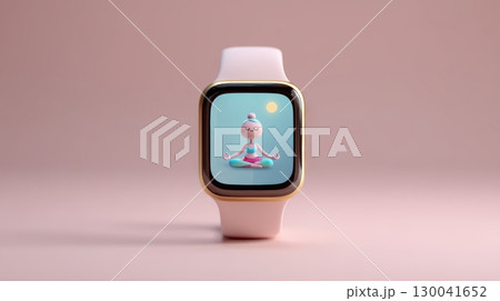 Digital Yoga training and fitness class concept, Smartwatch with meditation app showing cartoon figure in yoga pose 130041652