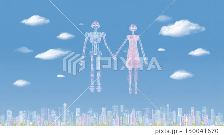 Living together in AI digital world, Digital wireframe couple holding hands above cityscape with blue sky and clouds 130041670
