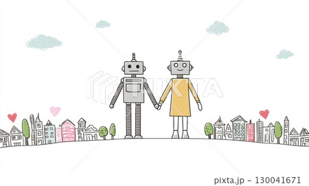 Living together in AI digital world, Cute robot couple holding hands with cityscape and hearts in background 130041671