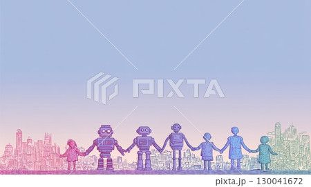 Living together in AI digital world, Children and robots holding hands with cityscape background 130041672