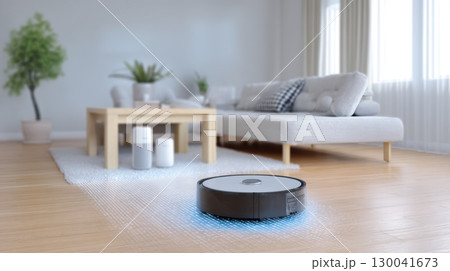Living together in AI digital world, Modern living room with robotic vacuum cleaner on wooden floor 130041673