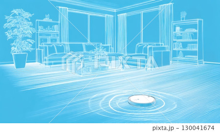 Living together in AI digital world, Modern living room interior with robotic vacuum cleaner on wooden floor 130041674