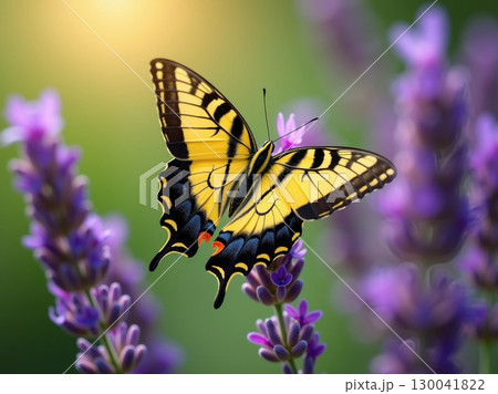 Detailed Closeup Yellow Swallowtail Butterfly Resting on Lavender Flower Blossom 130041822