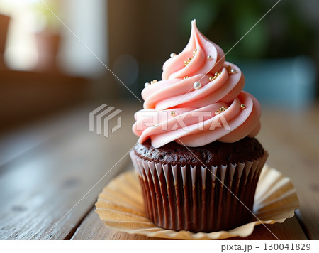 Delicious Close-Up Chocolate Cupcake with Pink Frosting and Sprinkles Dessert 130041829