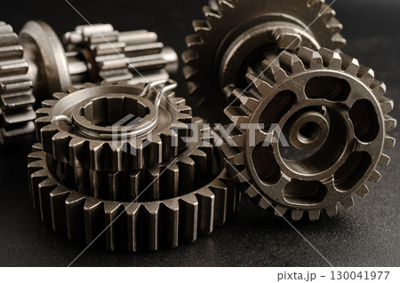 Gear and cogs wheels, clock mechanism, brass metal engine industrial. 130041977