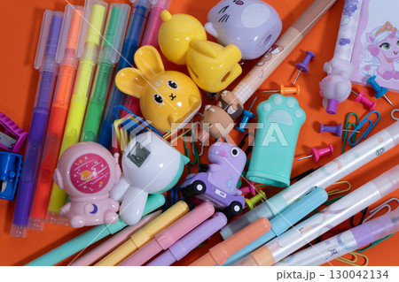Colorful kawaii stationery forming a back to school flat lay Colorful kawaii stationery forming a back to school flat lay 130042134