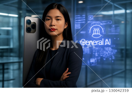 AI generated image of a confident young woman in a high-tech workspace. She stands next to large smartphone with holographic General AI symbols. The scene emphasizes technology and professionalism. AI generated image of a confident young woman in a high-tech workspace. She stands next to large smartphone with holographic General AI symbols. The scene emphasizes technology and professionalism. 130042359