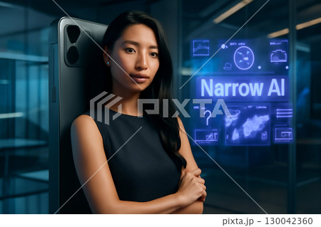 AI generated Asian woman standing beside a high-tech smartphone in a futuristic workspace. The glowing Narrow AI hologram highlighting the advanced technology and sleek design. 130042360
