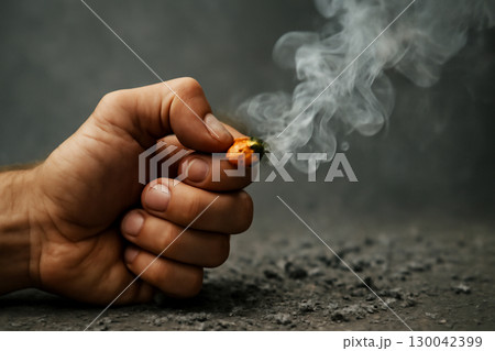 AI generated surreal concept of a hand holding a burning human figure as a cigarette symbolizing destruction addiction and fragile existence with smoke and ashes in the background 130042399