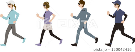 サングラスをかけてランニングをする男性と女性のイラストセット サングラスをかけてランニングをする男性と女性のイラストセット 130042416