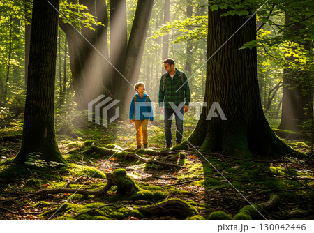 A happy male adult and a young boy stand together in a sun-dappled, mossy forest, smiling while enjoying a walk and a special moment A happy male adult and a young boy stand together in a sun-dappled, mossy forest, smiling while enjoying a walk and a special moment 130042446