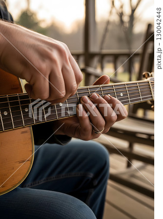 A musician with calloused fingers plays an acoustic guitar, strumming a chord on a peaceful evening, conveying a sense of calm 130042448