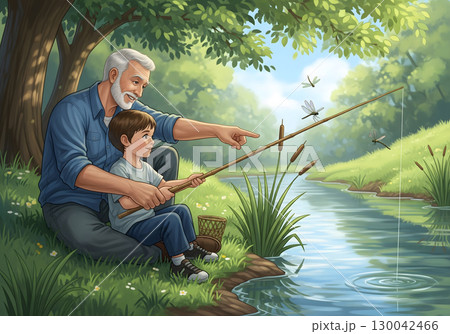 An animated elderly male grandfather and a young male grandson fish together with a fishing rod by a peaceful creek on a sunny day An animated elderly male grandfather and a young male grandson fish together with a fishing rod by a peaceful creek on a sunny day 130042466