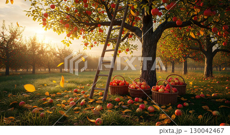 A vibrant apple orchard is depicted during a beautiful fall harvest, with a ladder leaning against a tree and baskets filled with apples 130042467