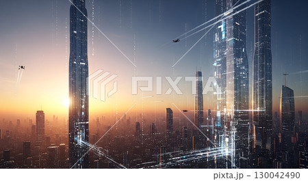 A vibrant illustration of a futuristic metropolis at sunset, with towering skyscrapers and small flying vehicles zipping between them 130042490