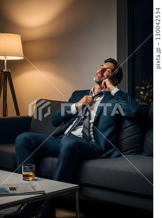 A man in his fifties appears relaxed and tired, loosening his tie and sitting on a sofa in a living room, with a drink nearby 130042534