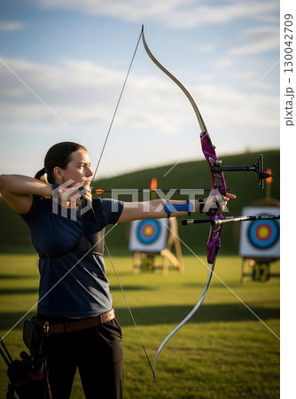 A serious adult female archer, dressed in a black t-shirt and equipment, aims her recurve bow at a distant target on a grassy field 130042709
