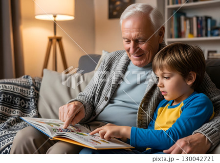 A kind elderly male smiles while pointing at a book he is reading with a young boy, as they sit close together on a comfortable sofa 130042721