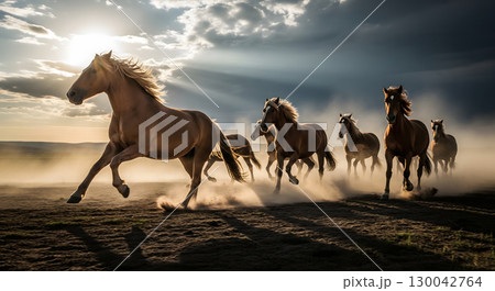 A group of powerful wild horses gallop across a dusty field at sunset, with beams of light shining through the clouds 130042764